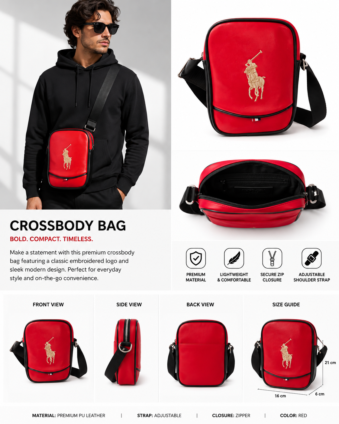 Polo RL Red Leather Crossbody Bag